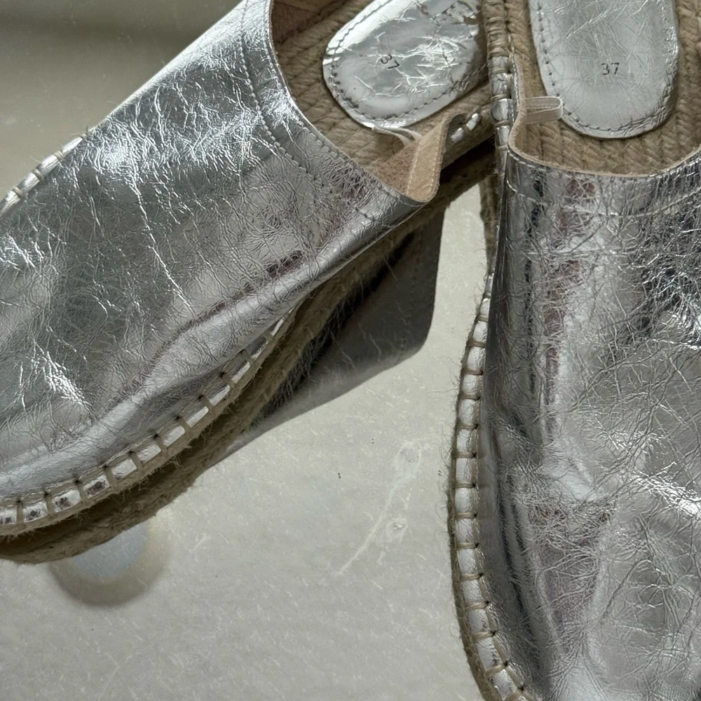 Zara crinkly leather silver metallic espadrille mules